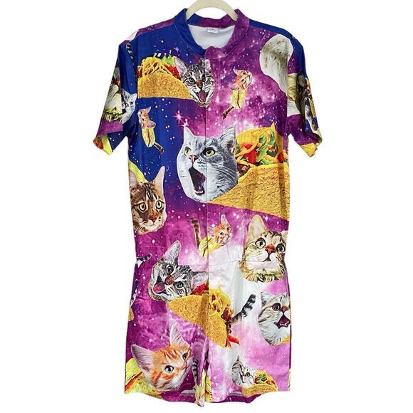 B6‎ Women's Galaxy Cat Print Playsuit Romper Shorts Blue Pink Size Medium - Picture 1 of 8